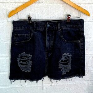 Forever 21 Denim Black Distressed High Rise Jean Mini Skirt sz 30